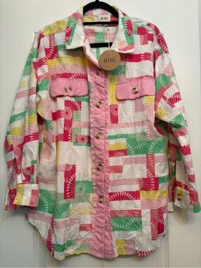 NWT BiBi Pastel Patchwork Embroidered Button-Up SMALL top